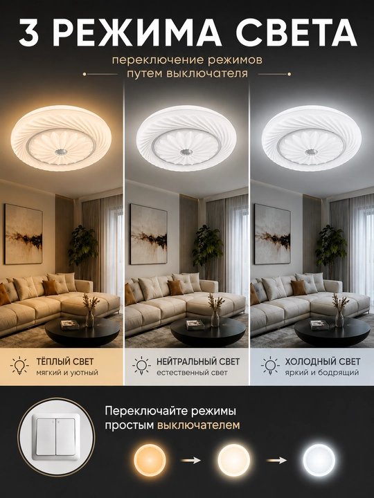 Shift LED lyustra 50 sm 96 Vt, 3 xil yorug‘lik rejimi, 25 m² gacha yoruqlik oson ornatish