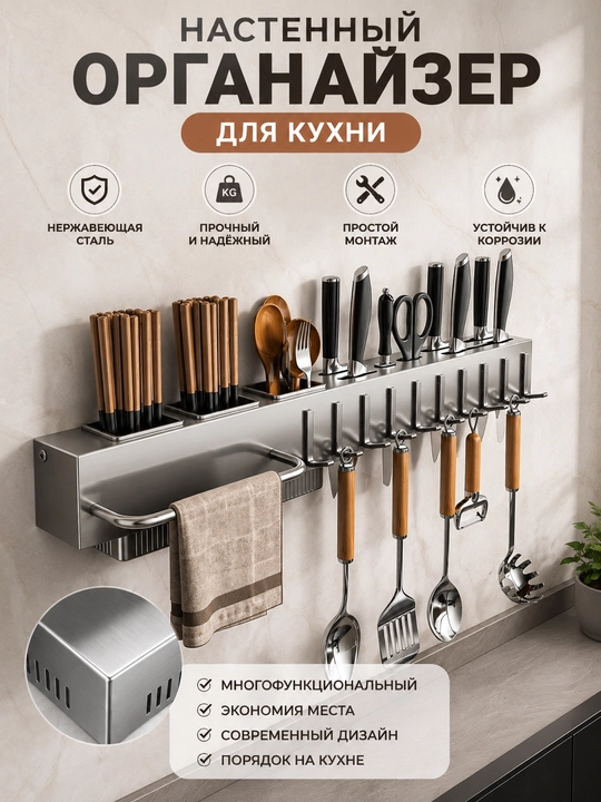 Настенный органайзер для кухни из нержавеющей стали, 60 см, с 10 крючками, для утвари - 
