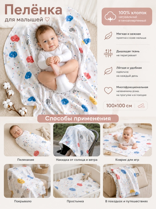 Пелёнка детская для новорождённых, простыня, 100% хлопок, 100×100 см