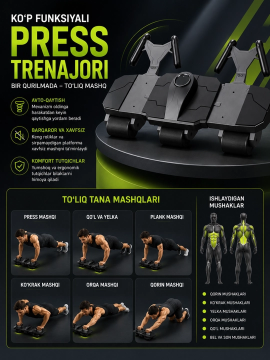 Ko‘p funksiyali press trenajeri, qorin va tana mushaklari uchun uy fitness trenajeri