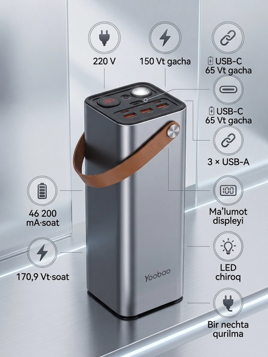 Yoobao EN1 46200 мА·ч портативный источник питания, 220 В, 150 Вт, USB-C 65 Вт