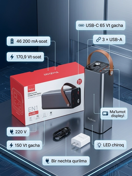 Yoobao EN1 46200 мА·ч портативный источник питания, 220 В, 150 Вт, USB-C 65 Вт