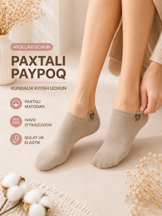 Ayollar uchun paxtali kalta paypoq, kundalik kiyish uchun