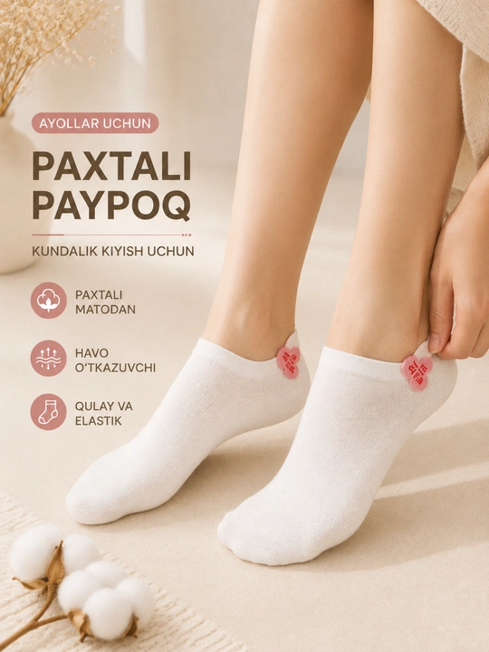 Ayollar uchun paxtali kalta paypoq, kundalik kiyish uchun