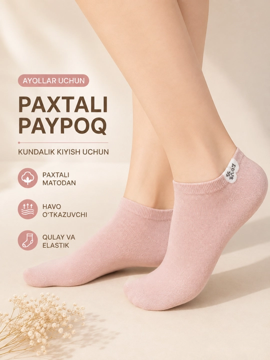 Ayollar uchun paxtali kalta paypoq, kundalik kiyish uchun
