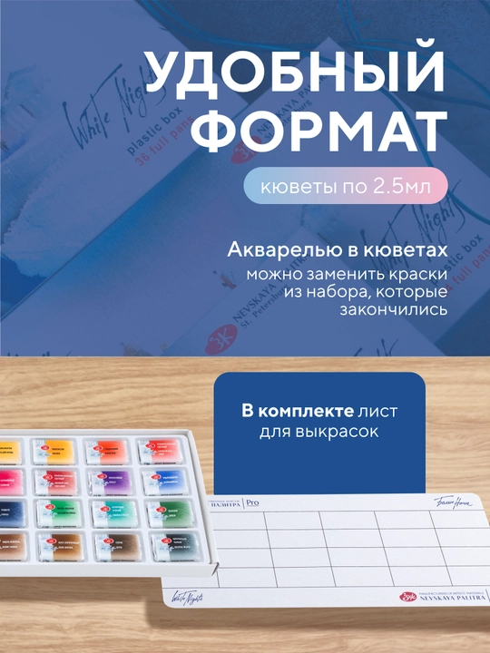 Акварельные краски Белые ночи для рисования 24 цвета акварель в кюветах художественная