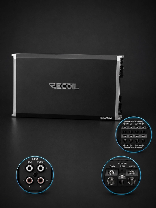 REA600.4 Recoil 1040 Vt maksimal quvvatli 4 kanalli avtomobil kuchaytirgichi