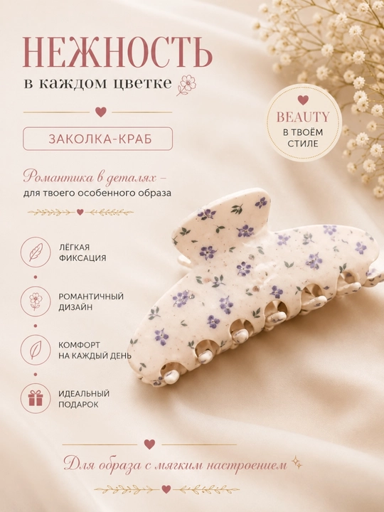 Женская заколка-краб для волос с цветочным принтом - 