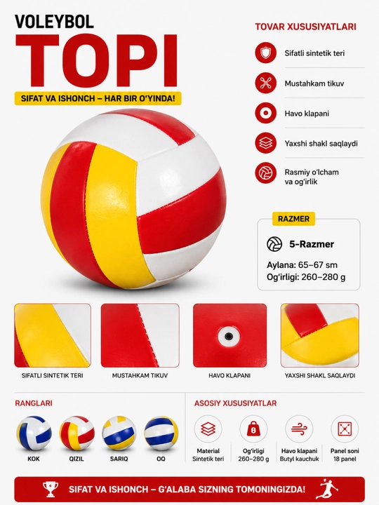Professional voleybol koptogi, 5-o‘lcham, o‘yin va mashg‘ulotlar uchun - 