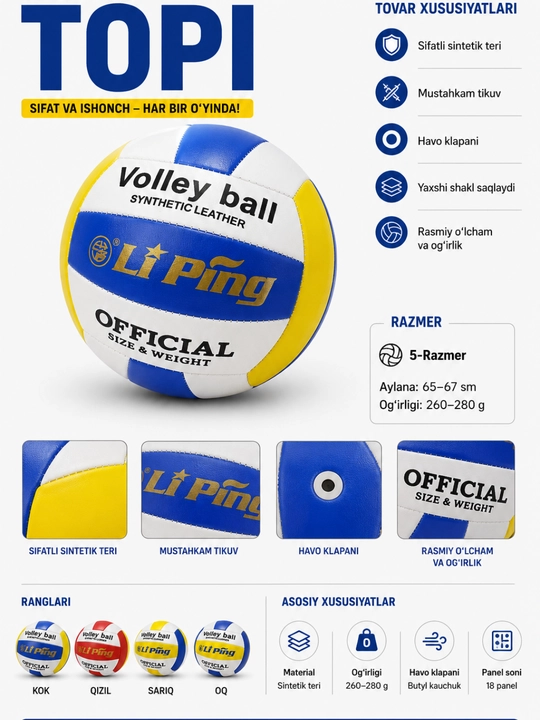 Professional voleybol koptogi, 5-o‘lcham, o‘yin va mashg‘ulotlar uchun - 