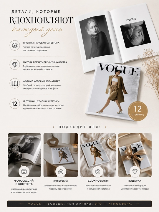 VOGUE kolleksion dekorativ jurnali, interyer, fotosessiyalar va zamonaviy sovg'a uchun