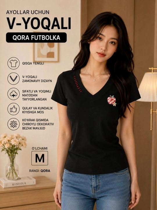 Ayollar uchun Qora Futbolka, skinny, top - 
