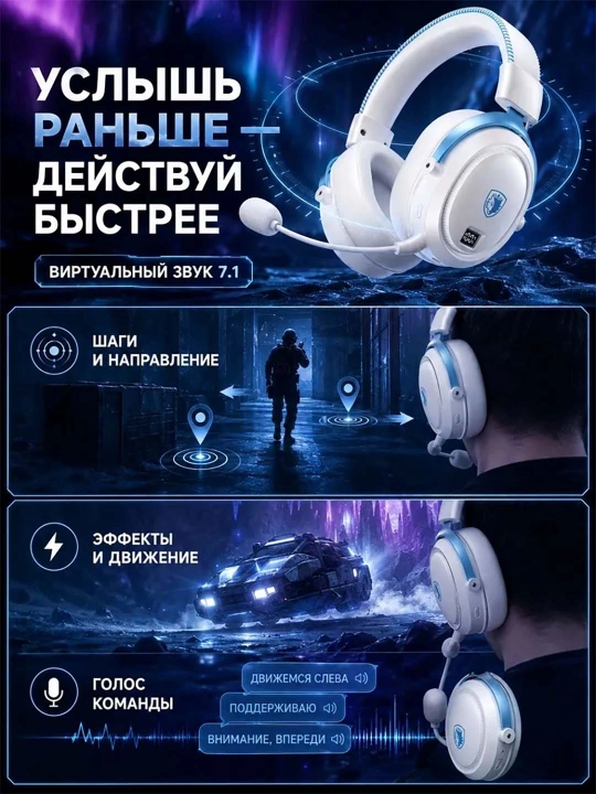 SADES Беспроводные игровые наушники 7.1, 2.4 ГГц, съёмный микрофон, 256 час