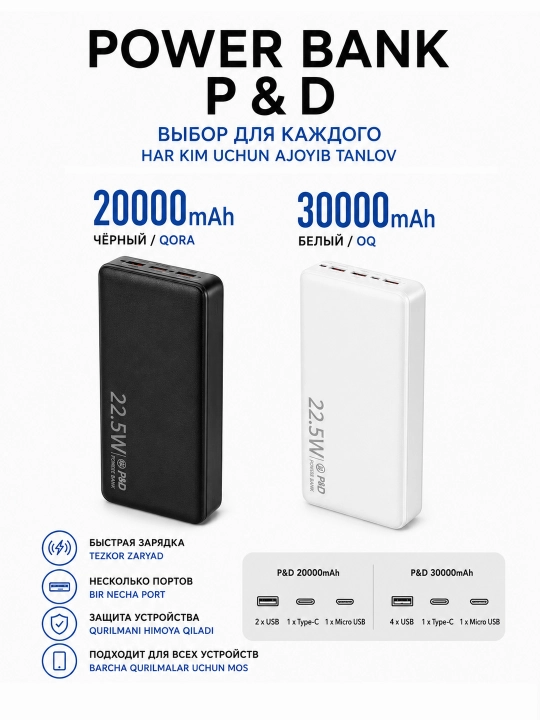 Внешний аккумулятор Power bank P&D 20000/30000Ма 2USB Type-с быстрая зарядка - 