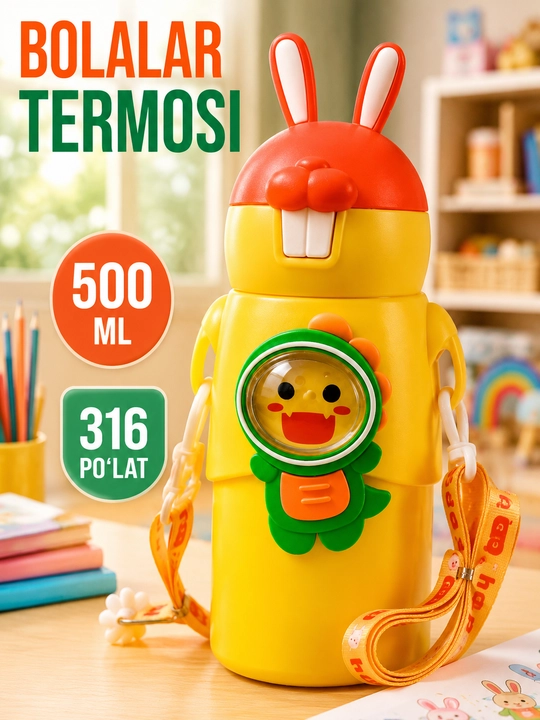 Детский термос, 500 мл, с трубочкой и ремешком, бутылка для школы и прогулок