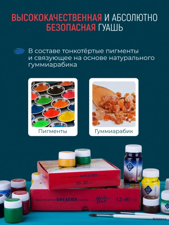 Гуашь Мастер-Класс набор художественных красок для рисования 12 цветов по 40 мл