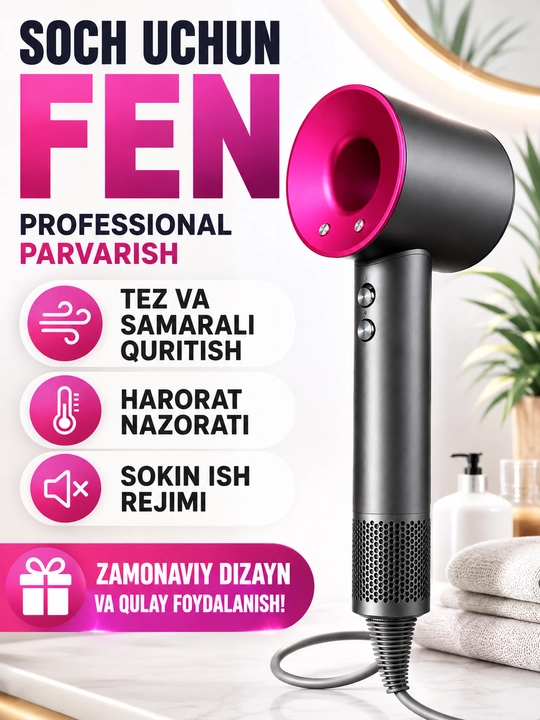 Professional soch feni 1600W, 4 harorat, 3 tezlik, 4 ta nasadka - 