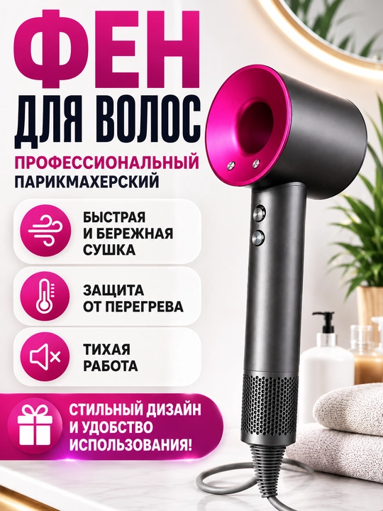 Professional soch feni 1600W, 4 harorat, 3 tezlik, 4 ta nasadka