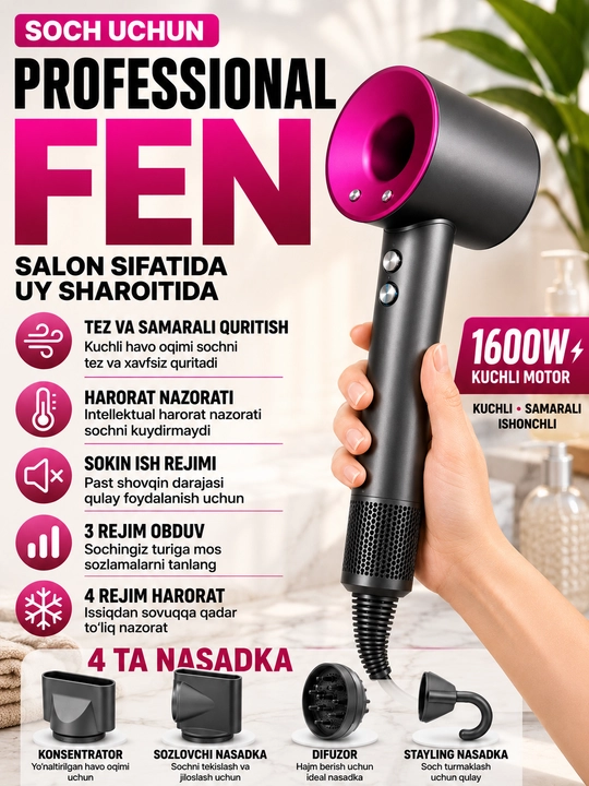Professional soch feni 1600W, 4 harorat, 3 tezlik, 4 ta nasadka