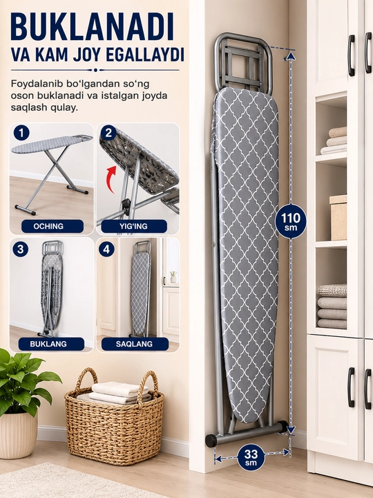 Dazmollash doskasi, metall, buklanadigan, balandligi sozlanadigan, dazmol taglikli
