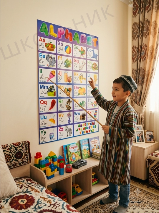 Bolalar uchun o‘quv plakat, rasmli alifbo, raqamlar, dunyo xaritasi, O‘zbekiston xaritasi - 