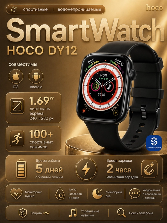 HOCO DY12 — Smart Watch умные часы, 1.69", 100+ спортрежимов, IP67 - 
