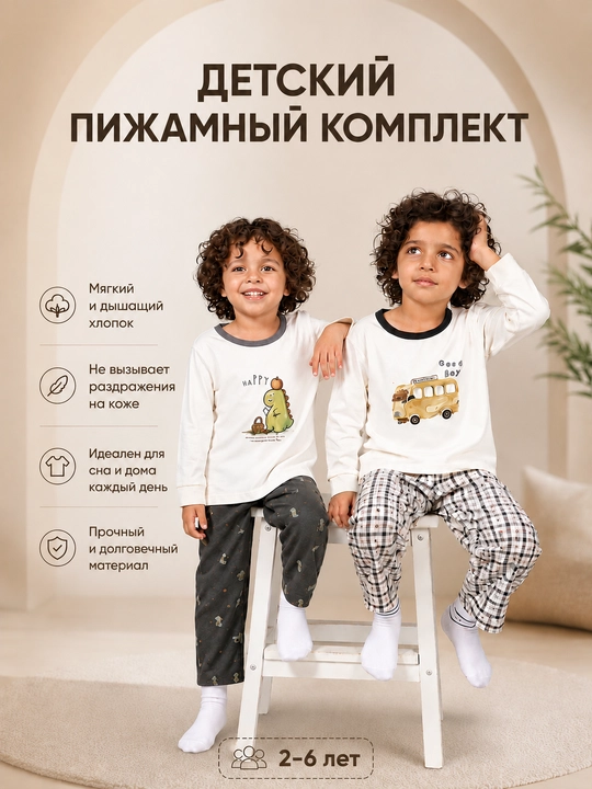 Детская пижама для мальчика, хлопковый мягкий комплект для сна, кофта и штаны