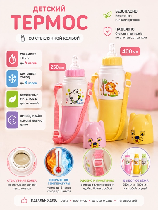 Детский термос-бутылка Rabbit с ручками и крышкой, розовый