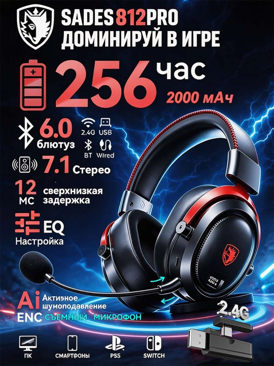Наушники игровые беспроводные SADES 812 Pro белое 2.4G+Bluetooth с микрофоном, 7.1 стерео - 