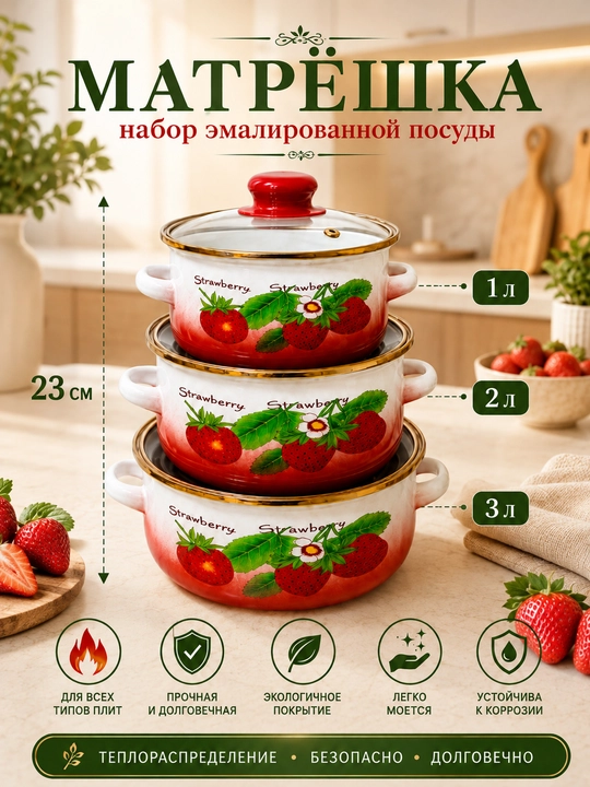 Набор эмалированных кастрюль 3 штуки, с крышками , качественный , подходит для всех плит - 