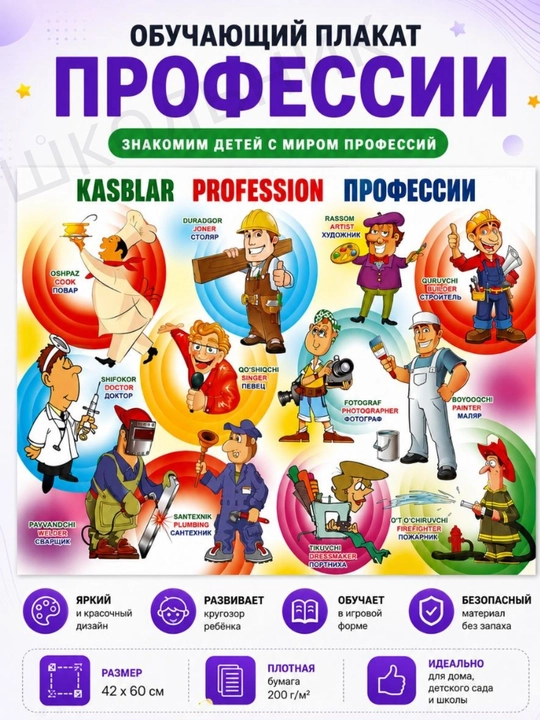 Обучающий плакат для детей, азбука в картинках, цифры, карта мира, карта Узбекистана