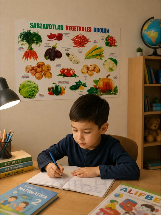 Bolalar uchun o‘quv plakat, rasmli alifbo, raqamlar, dunyo xaritasi, O‘zbekiston xaritasi - 
