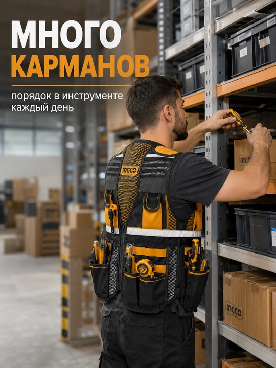 Жилет для инструмента INGCO, жилет с карманами, рабочий жилет, органайзер для инструмента