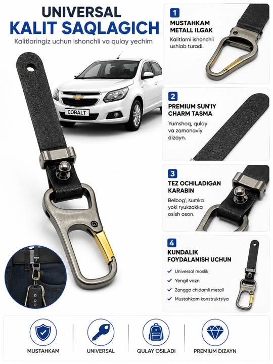 Universal kalit saqlagich – Metall ilgakli premium brelok