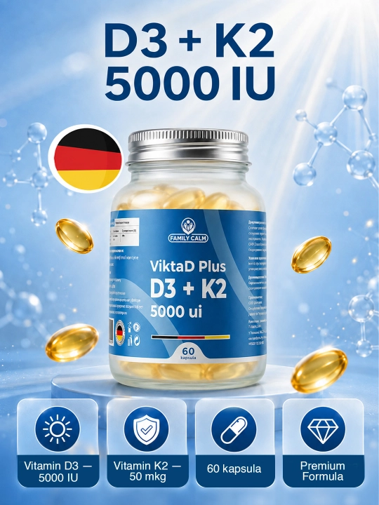 Витамин D3 + K2 ViktaD Plus 5000 МЕ / 50 мкг, 60 капсул