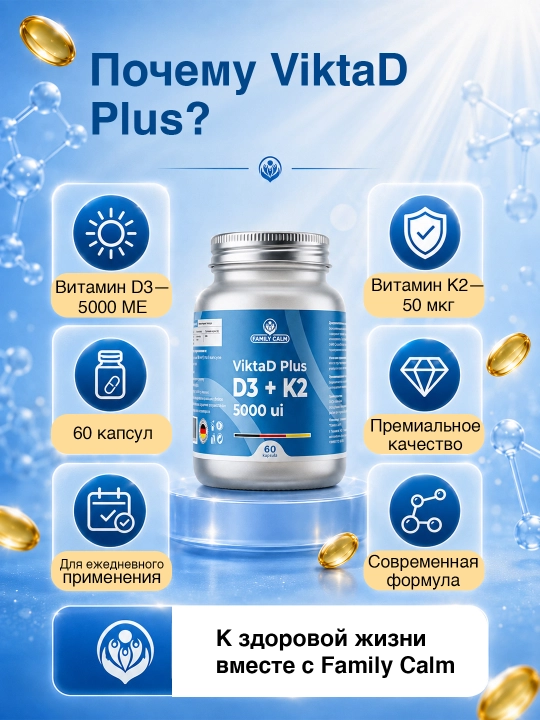 Витамин D3 + K2 ViktaD Plus 5000 МЕ / 50 мкг, 60 капсул