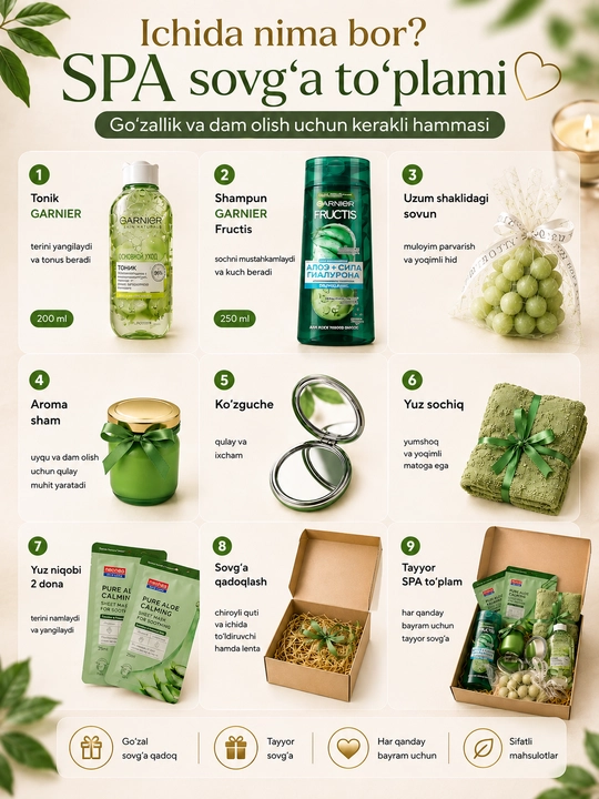 Ayollar uchun sovg'a, kosmetikali SPA sovg'a to'plami, Garnier sovg'a boksi