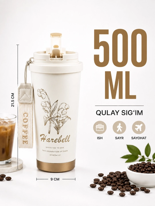 Vakuumli termos 500 ml, qopqoqli, osma tasmali, issiq va sovuq ichimliklar uchun