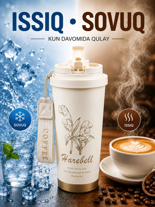 Vakuumli termos 500 ml, qopqoqli, osma tasmali, issiq va sovuq ichimliklar uchun