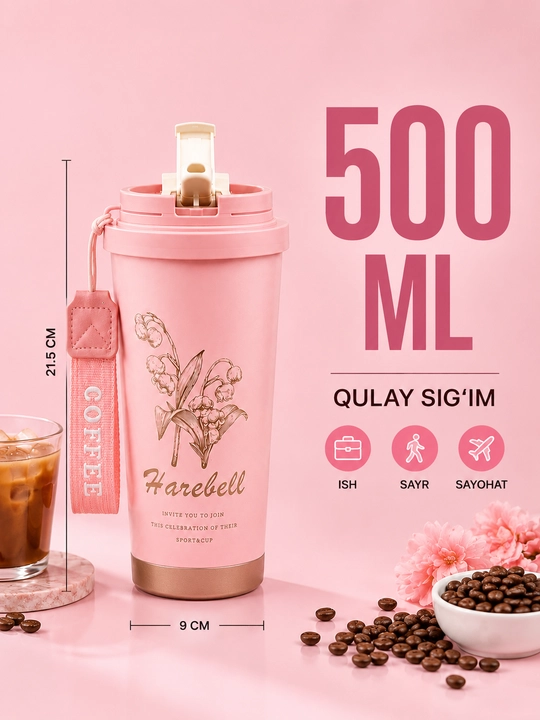 Vakuumli termos 500 ml, qopqoqli, osma tasmali, issiq va sovuq ichimliklar uchun