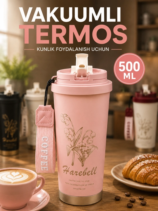 Vakuumli termos 500 ml, qopqoqli, osma tasmali, issiq va sovuq ichimliklar uchun