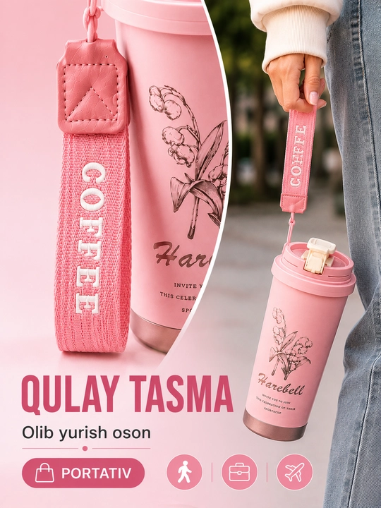 Vakuumli termos 500 ml, qopqoqli, osma tasmali, issiq va sovuq ichimliklar uchun