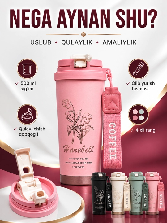 Vakuumli termos 500 ml, qopqoqli, osma tasmali, issiq va sovuq ichimliklar uchun