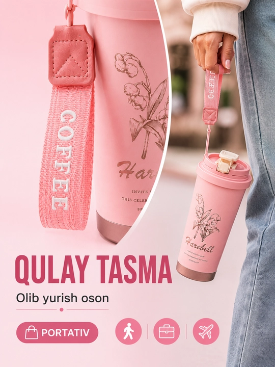 Vakuumli termos 500 ml, qopqoqli, osma tasmali, issiq va sovuq ichimliklar uchun