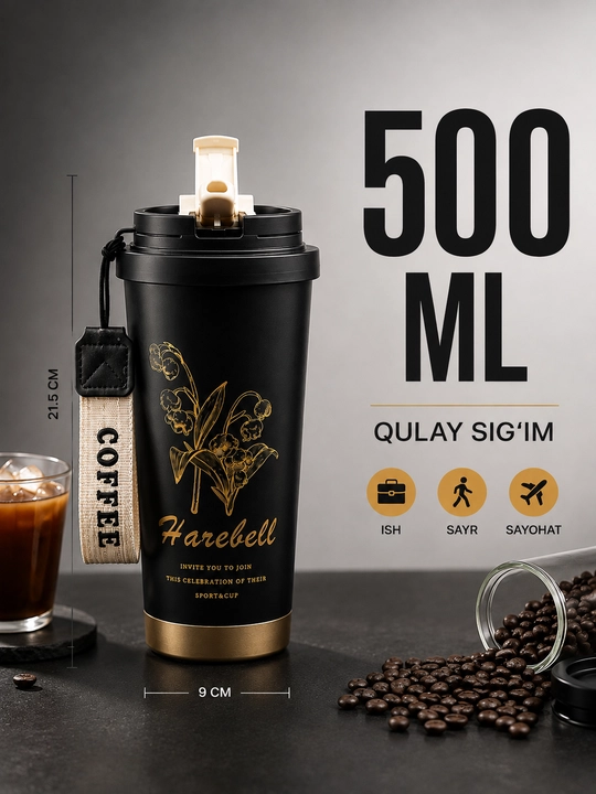 Vakuumli termos 500 ml, qopqoqli, osma tasmali, issiq va sovuq ichimliklar uchun