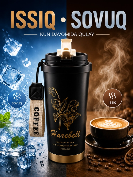 Vakuumli termos 500 ml, qopqoqli, osma tasmali, issiq va sovuq ichimliklar uchun
