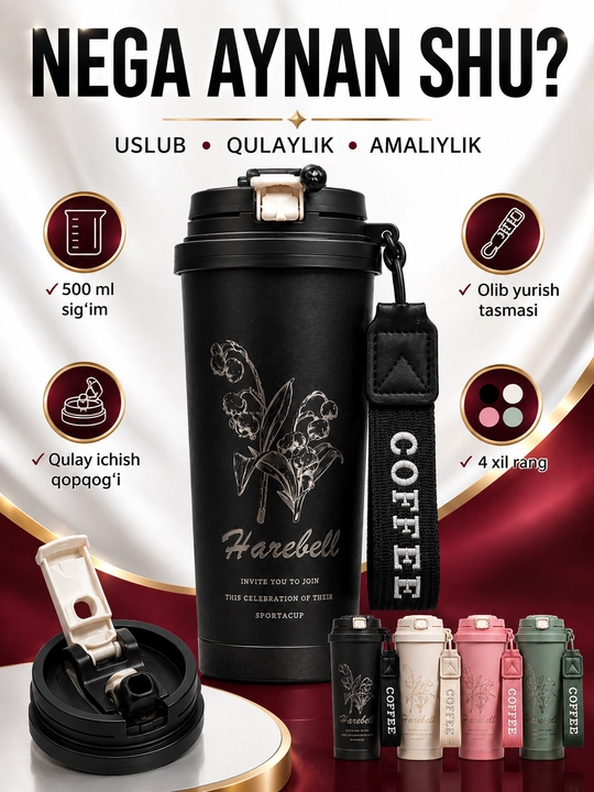Vakuumli termos 500 ml, qopqoqli, osma tasmali, issiq va sovuq ichimliklar uchun