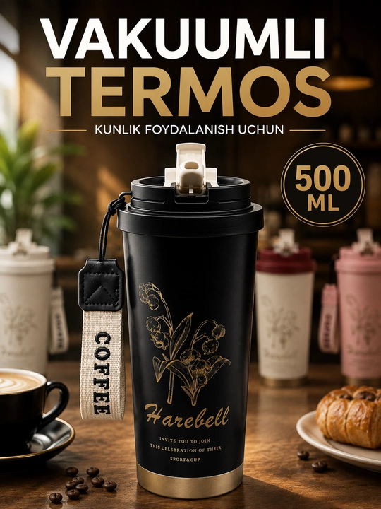 Vakuumli termos 500 ml, qopqoqli, osma tasmali, issiq va sovuq ichimliklar uchun
