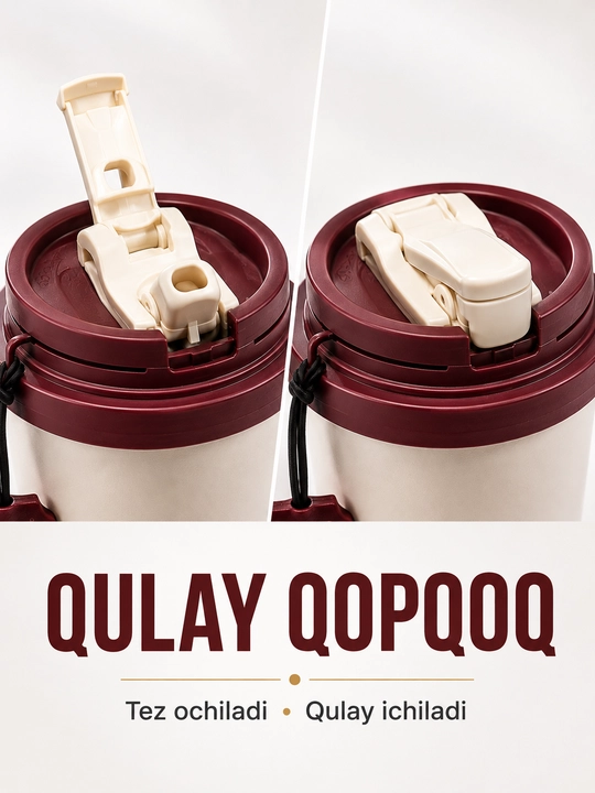 Vakuumli termos 500 ml, qopqoqli, osma tasmali, issiq va sovuq ichimliklar uchun