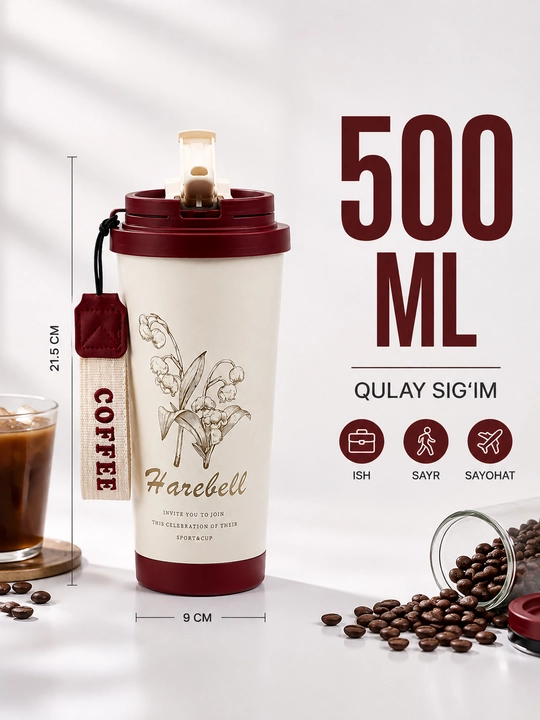 Vakuumli termos 500 ml, qopqoqli, osma tasmali, issiq va sovuq ichimliklar uchun